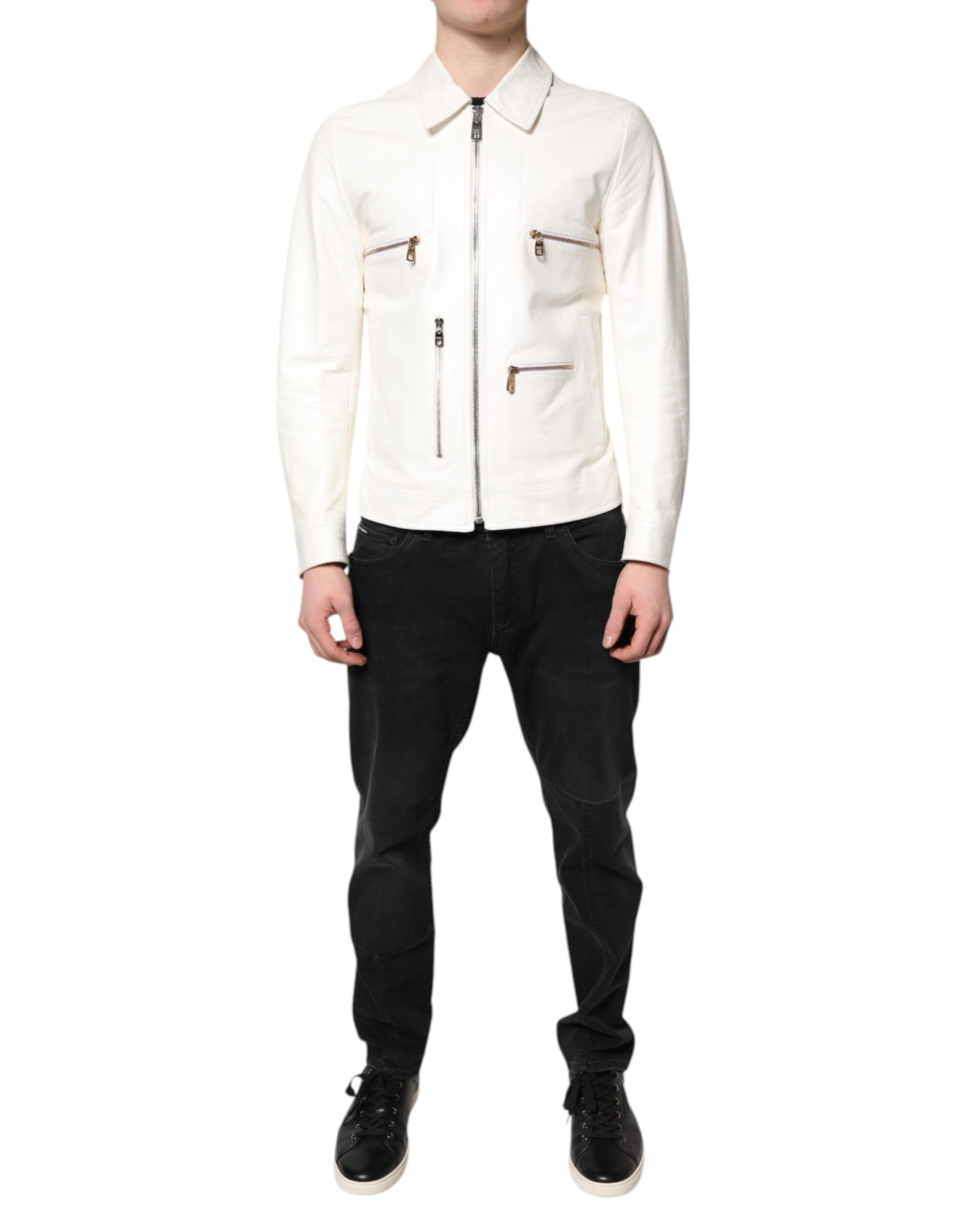 Sheep Leather Full-Zip Biker Jacket — White