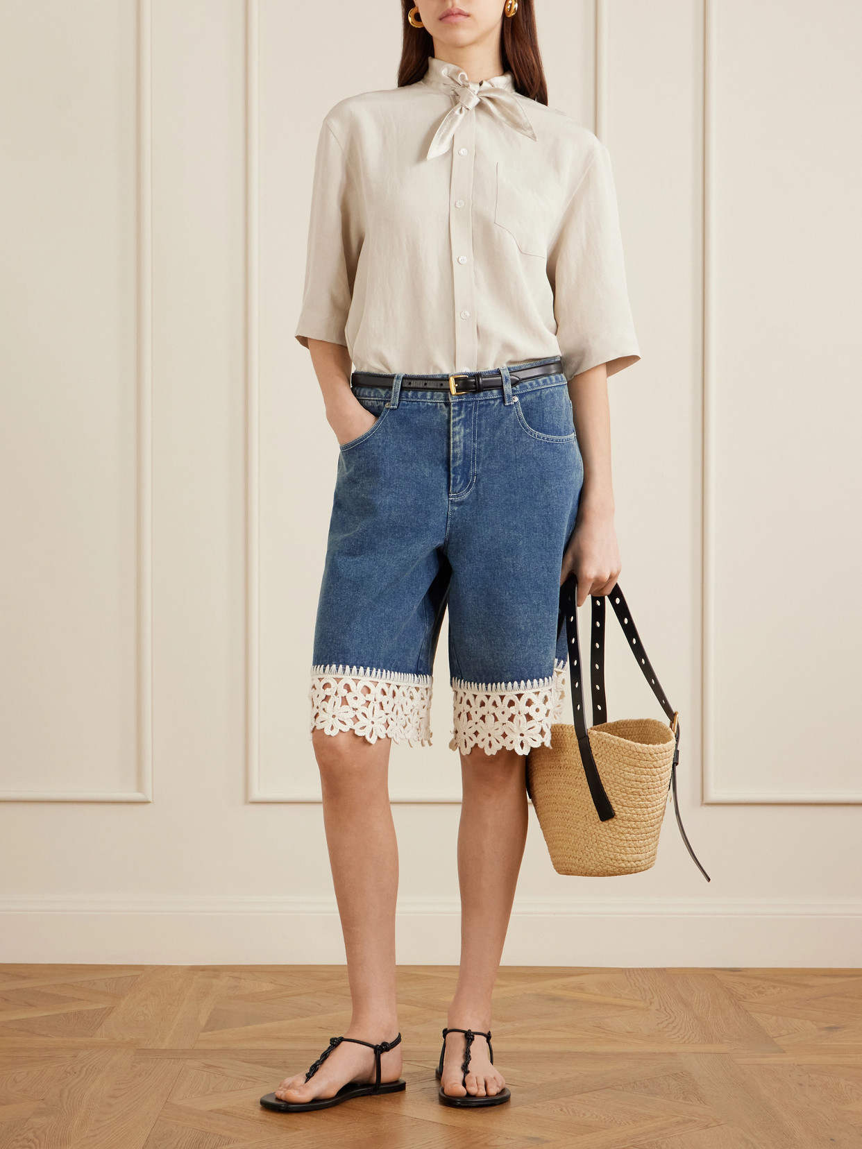 Stasia Crochet-knit Denim Shorts - Blue