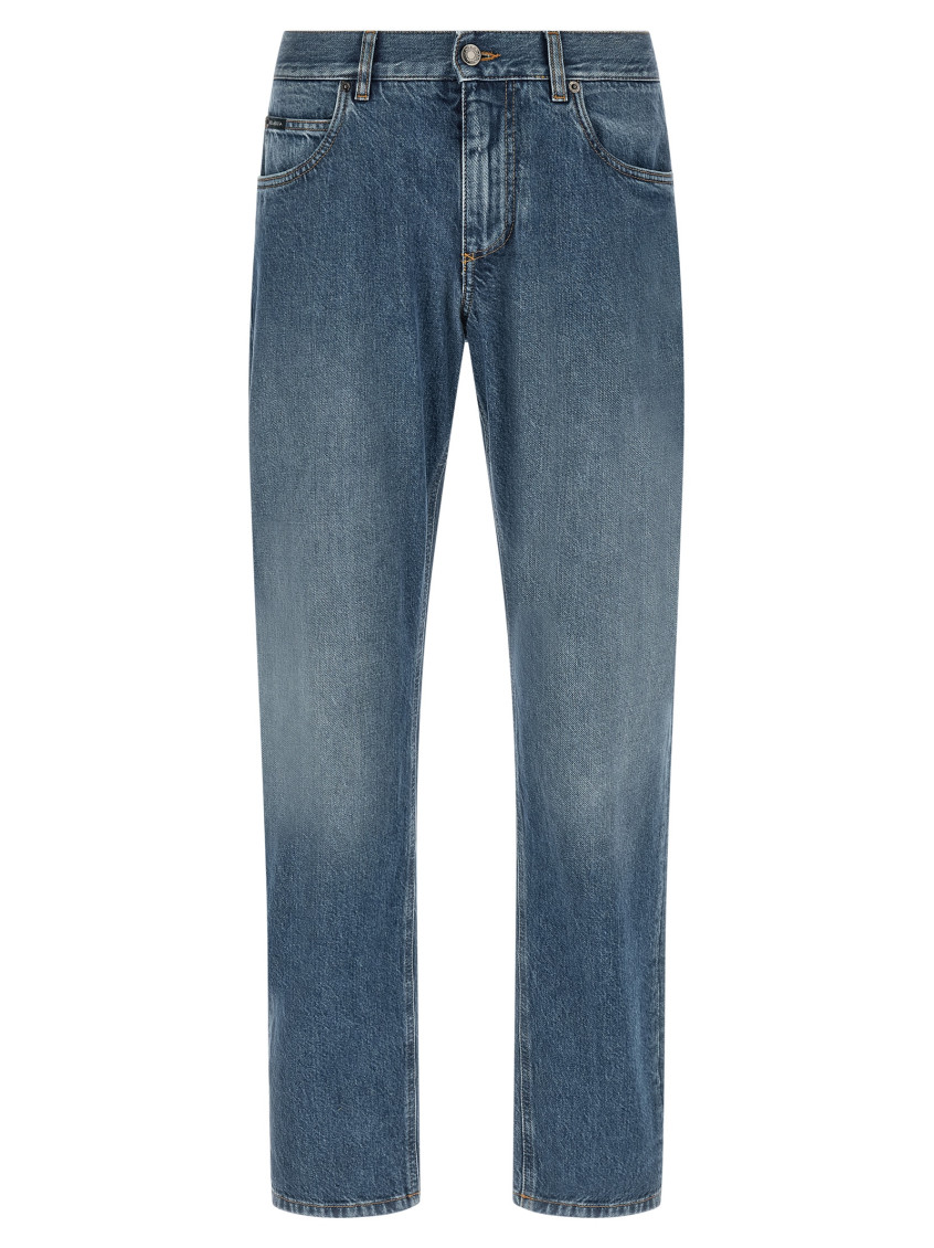 Blue Five-Pocket Jeans With Logo Embroidered On The Back In Denim Man