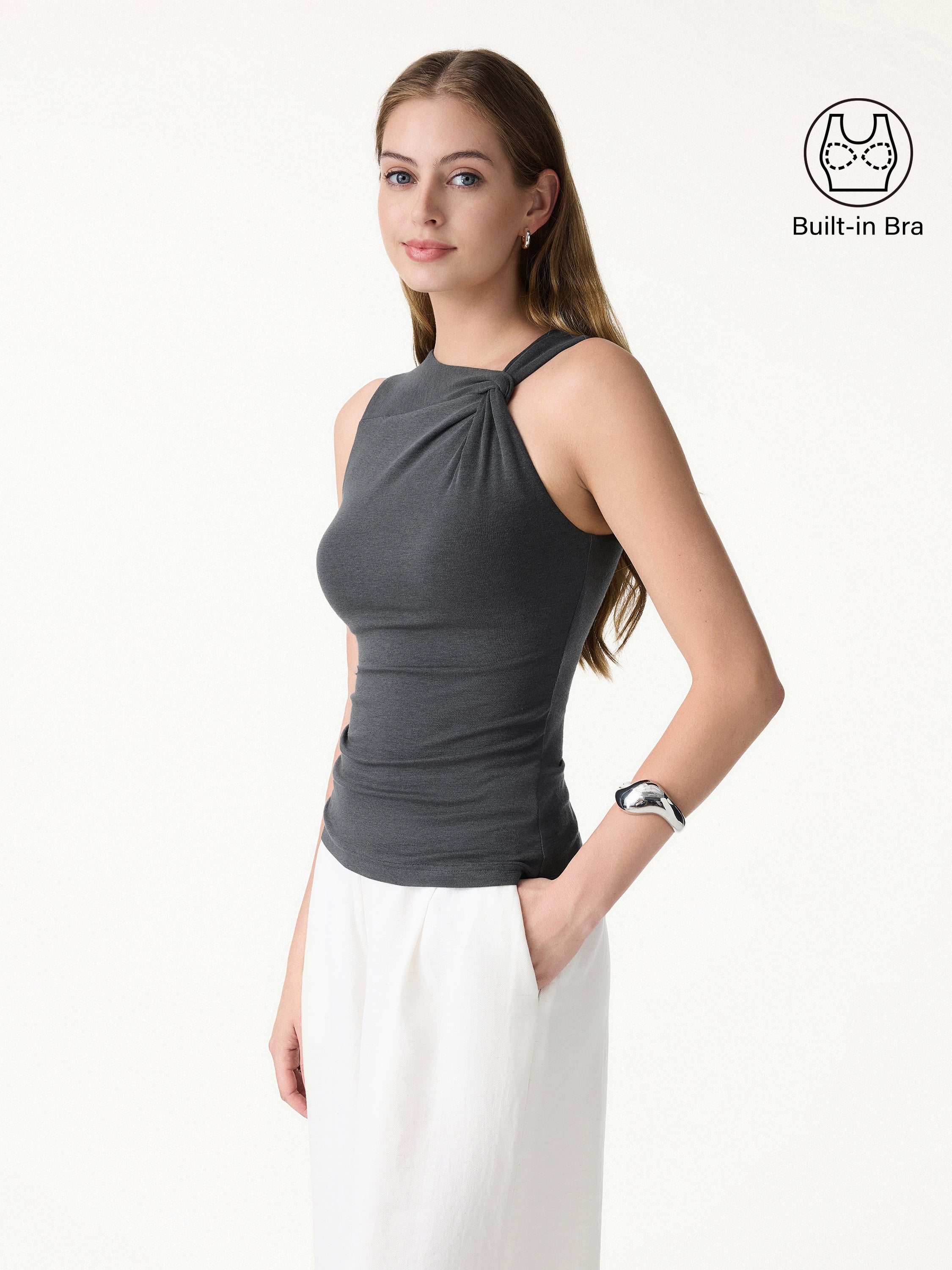 Sweat-Wicking Asymmetrical Neck Knotted Bra Tank - Deep Grey