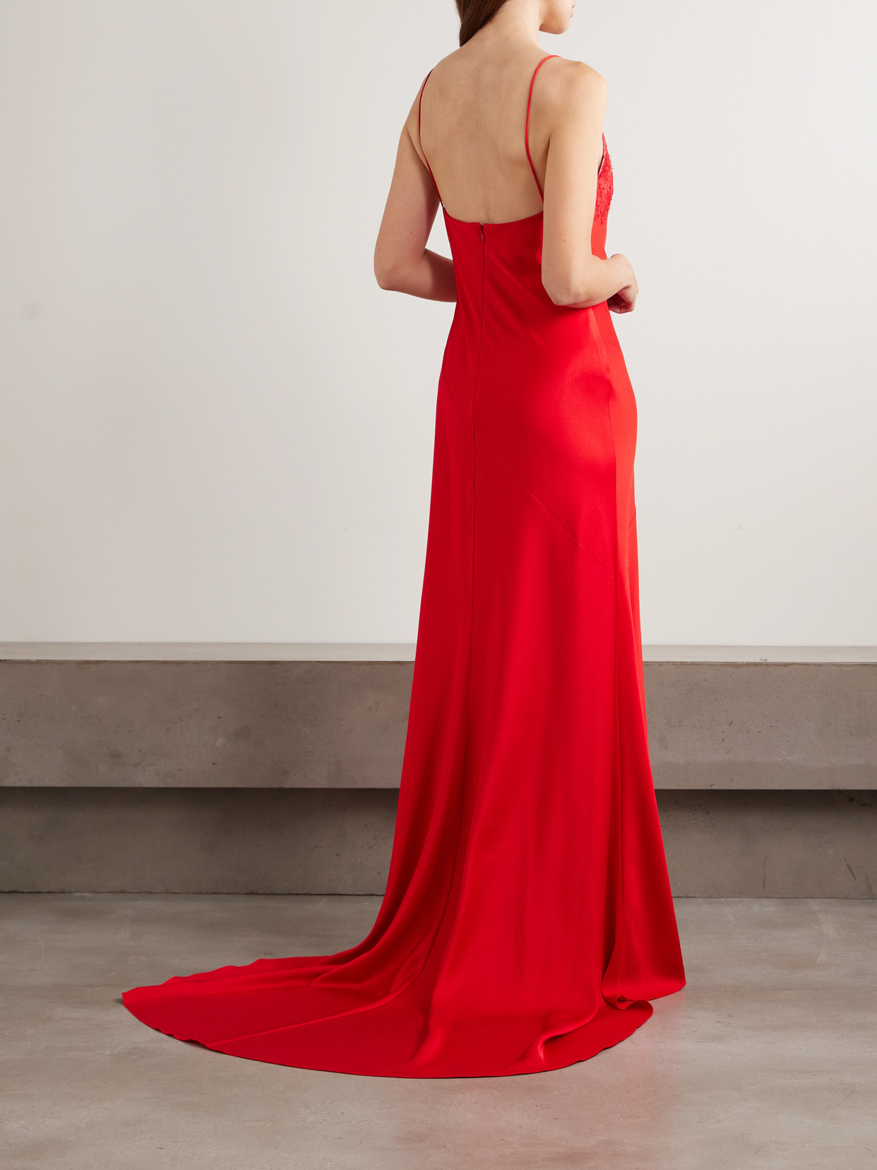Lace-trimmed Satin-crepe Gown - Red