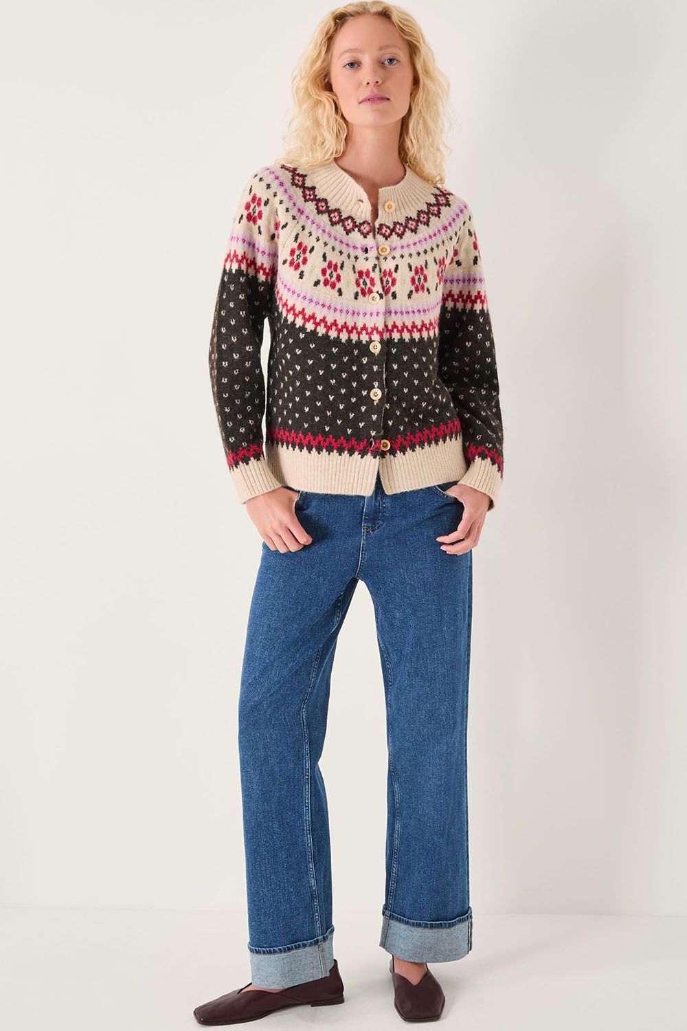 Monsoon Women's Feliz Fair Isle Cardigan Sweater Brown in Chocolate