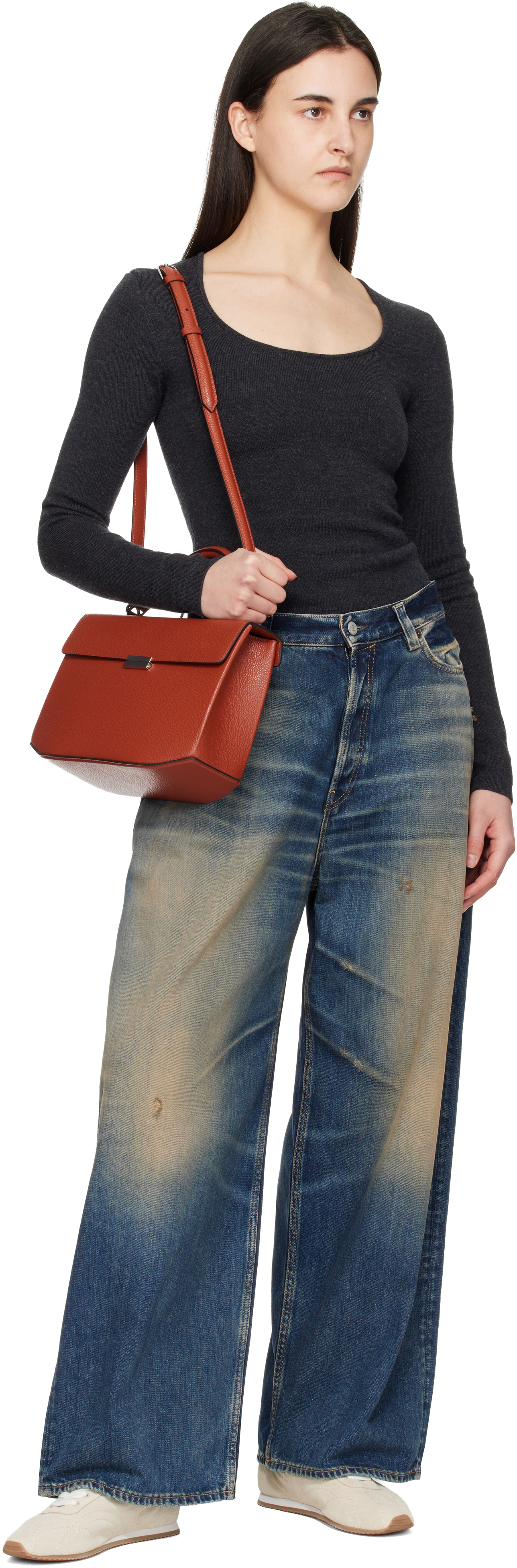 Brown Clip Grained-Leather Top Handle Bag