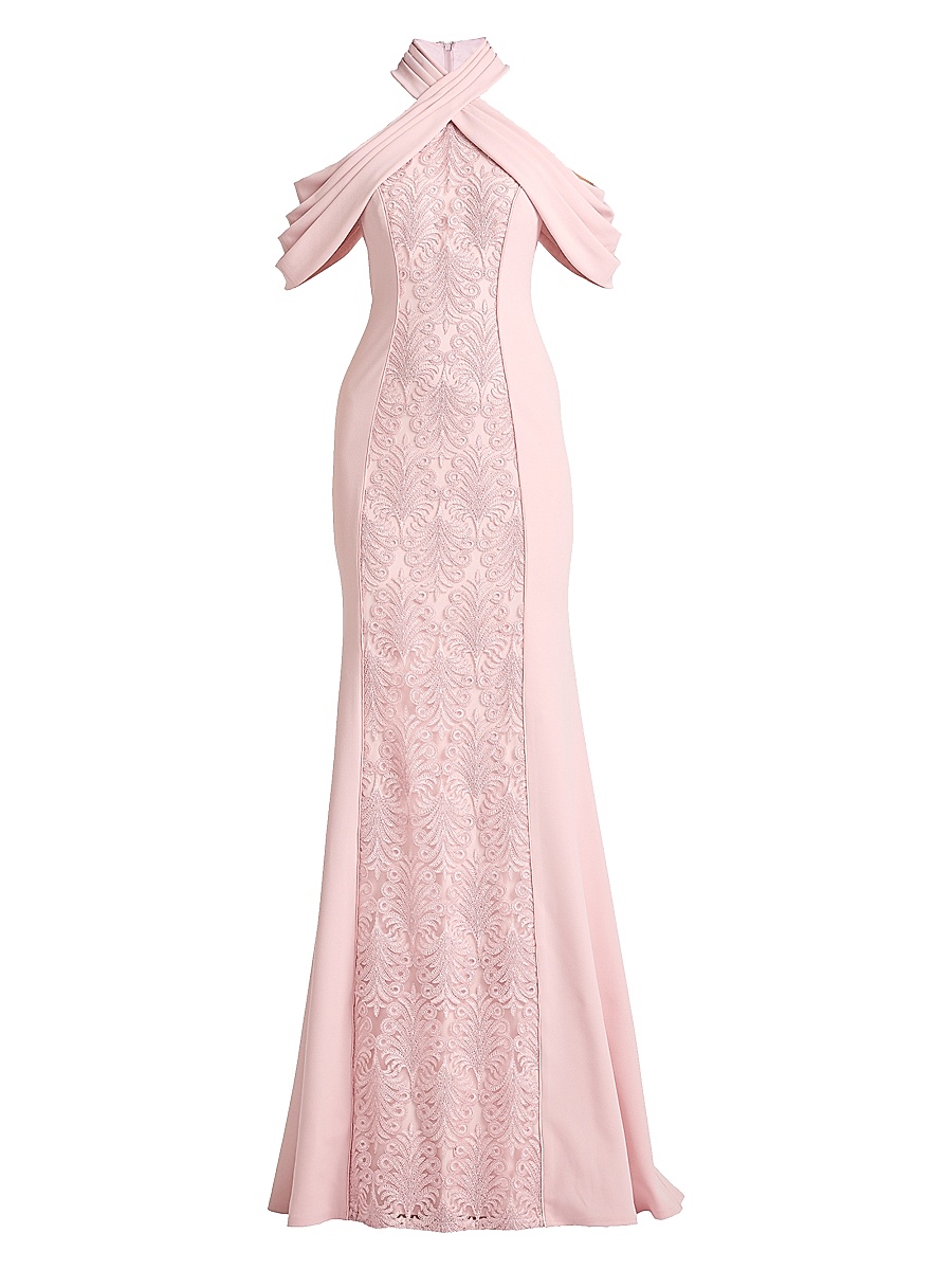 Women's Cold-Shoulder Corded Lace Gown - Rose Quartz