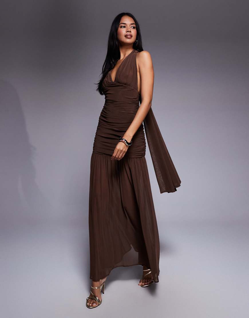 Halter neck maxi dress with open back in chocolate mesh-Brown