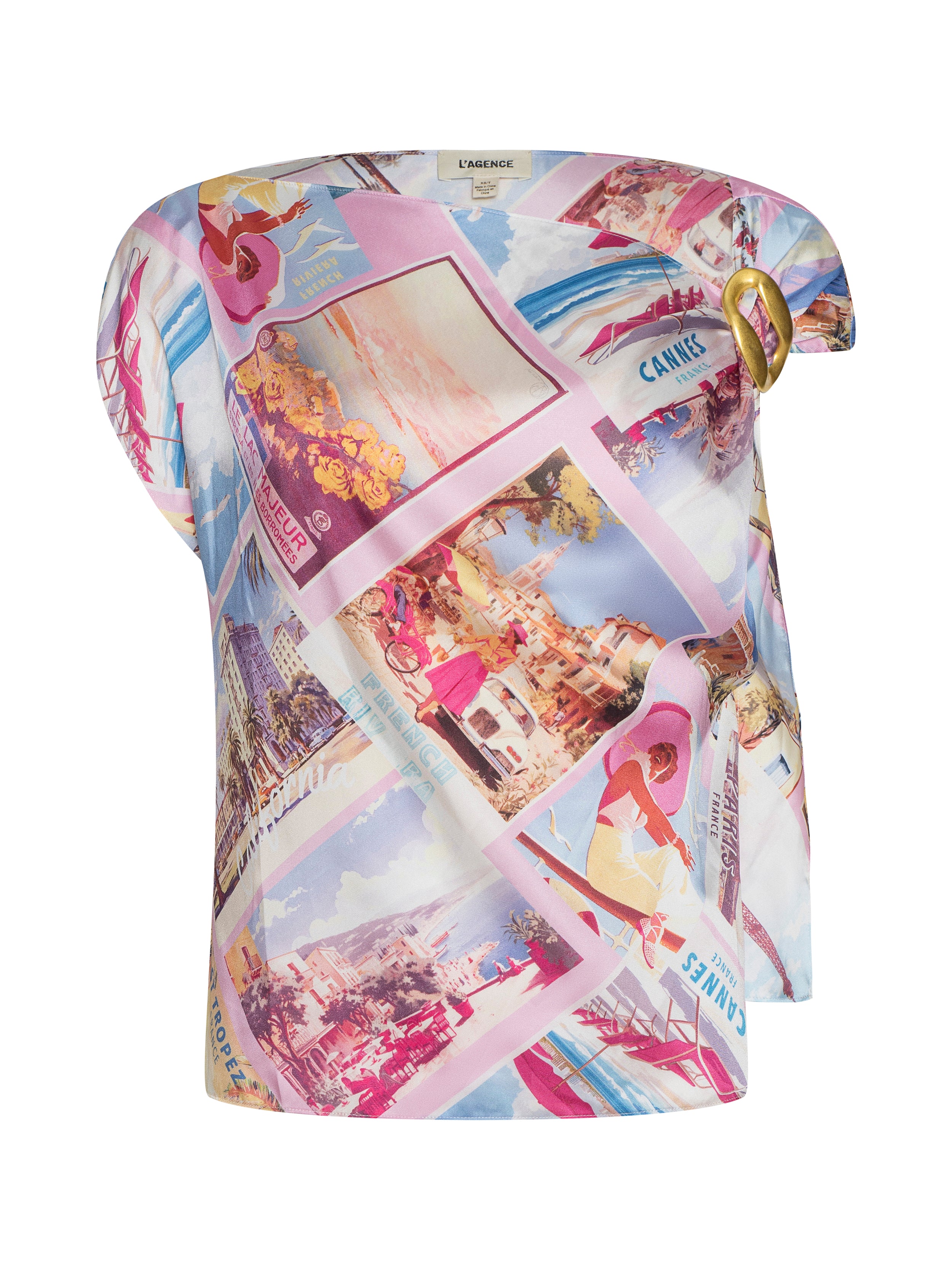 Driselle Scarf Top In Light Pink Multi Large Postcard Print