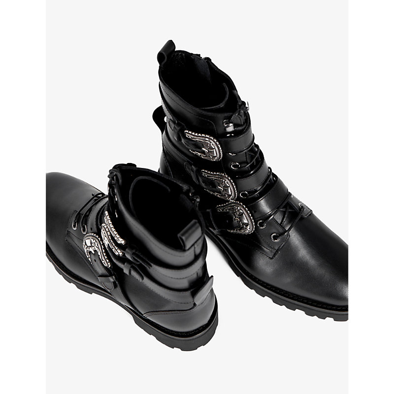 Womens Black Buckle-embellished Leather Ankle Boots