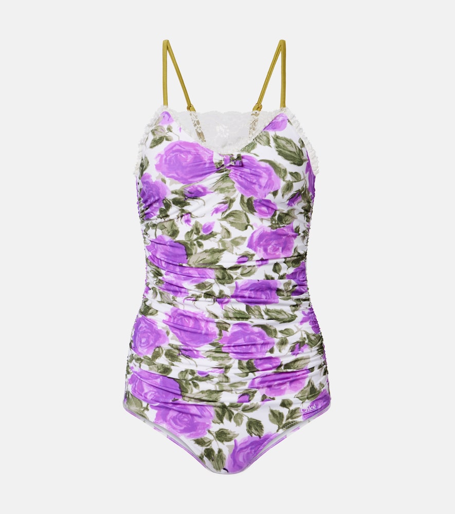 Chloé Floral ruched lace-trimmed swimsuit