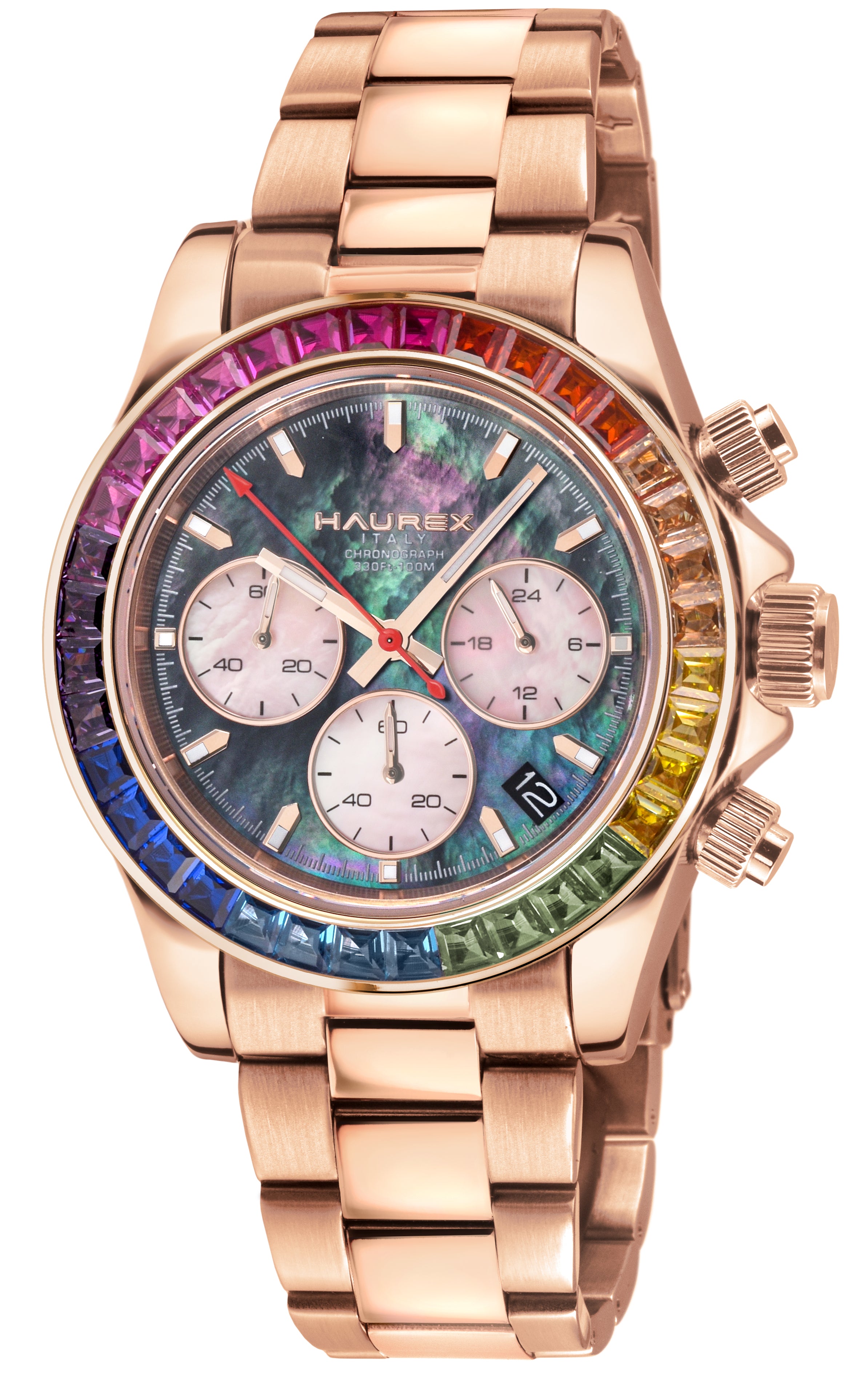Italy:Arcobaleno SS/IPRG Case, Multi colored Bezel, Black Dial, SS/IPRG Bracelet Watch