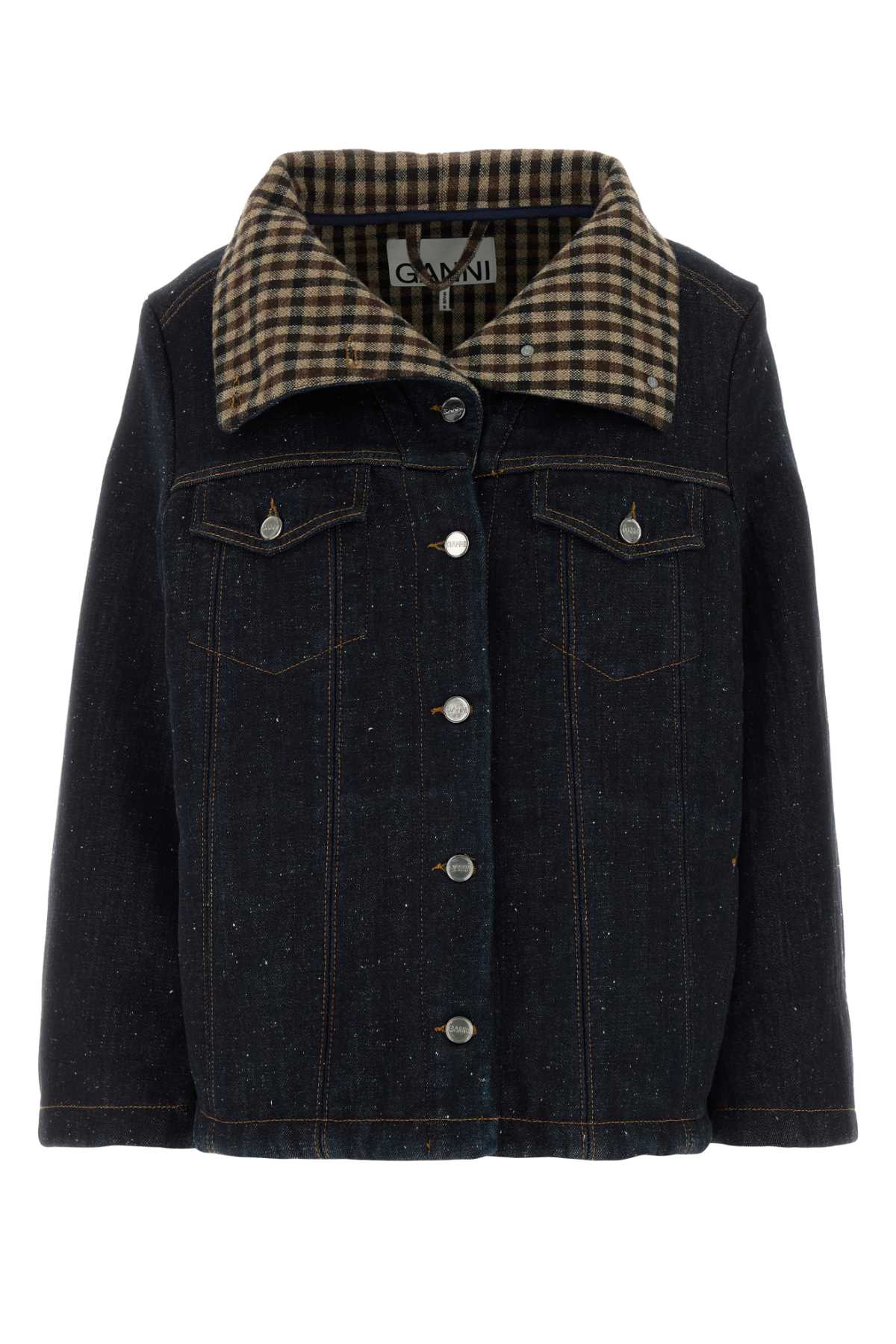 Checked Collar Denim Jacket — Navy