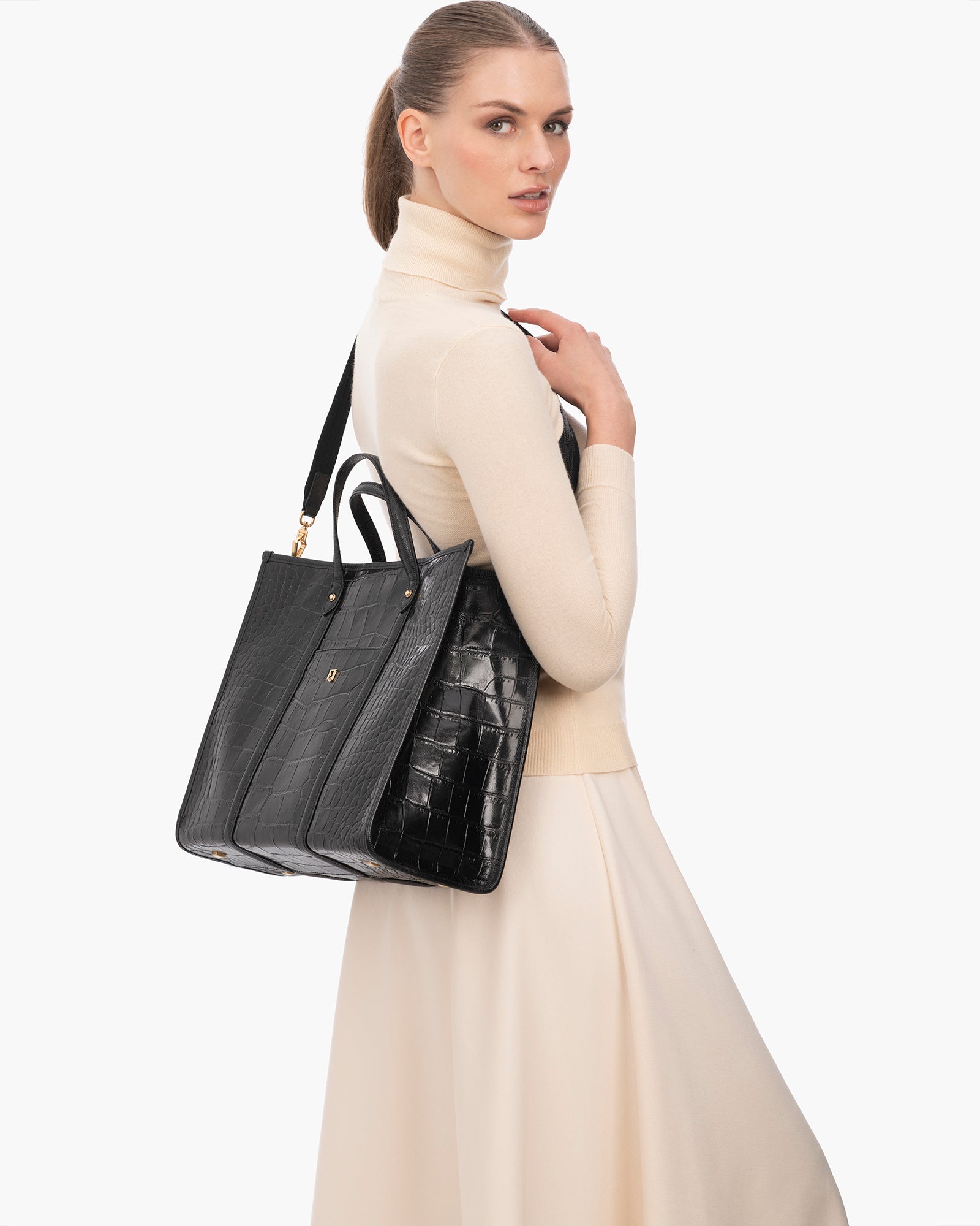 TaTa Tote Bag - Black Embossed Calf Leather, Magnetic Snap Closure, Detachable Shoulder Strap, Canvas Lining, Laptop Compatible