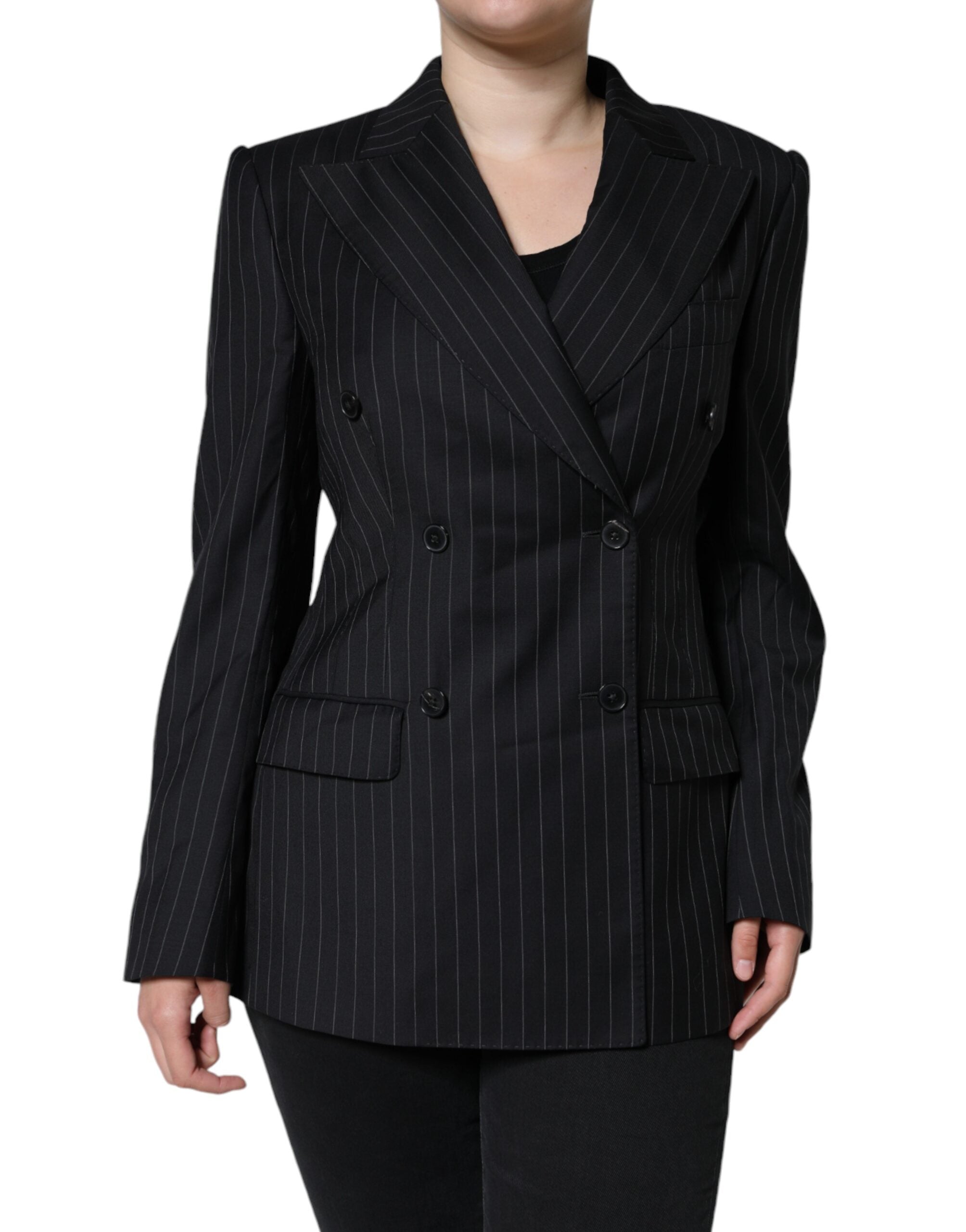 Pinstriped Virgin Wool Double-Breasted Blazer — Black