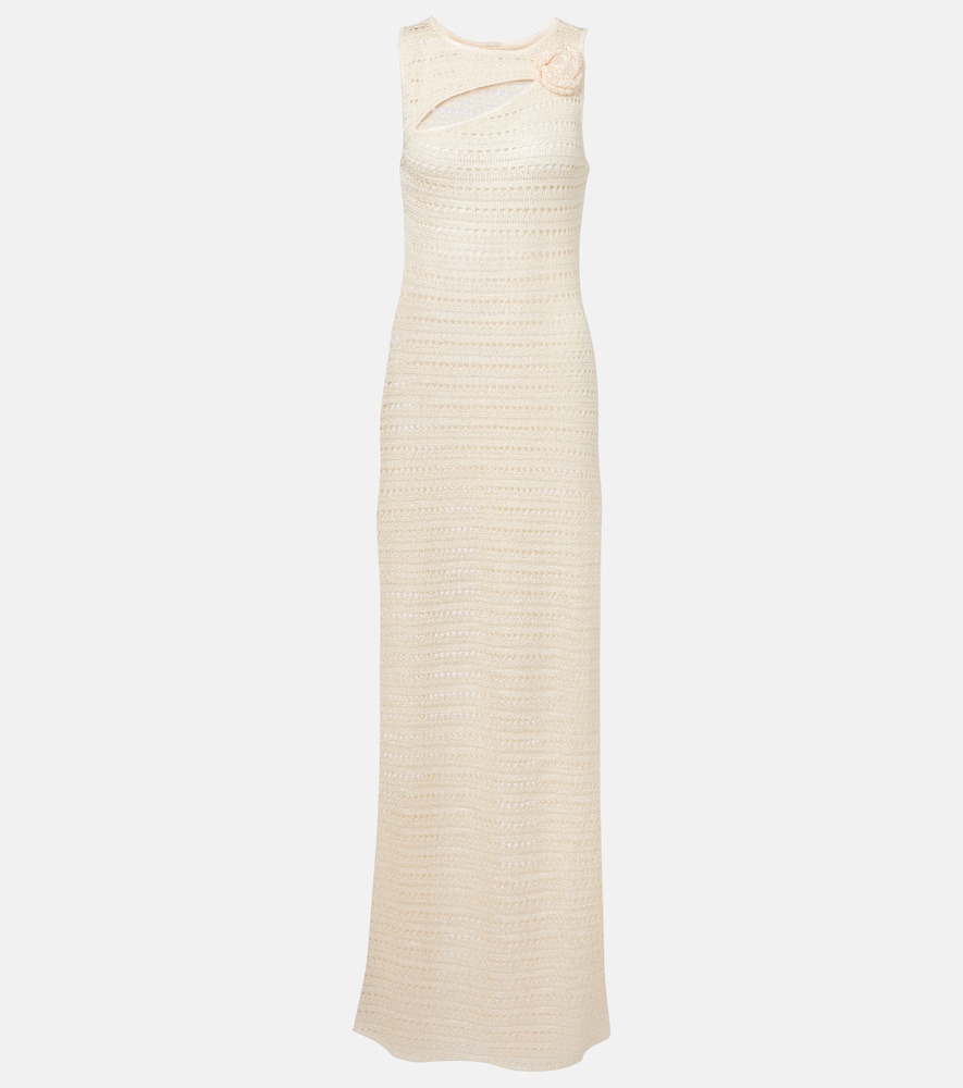 Floral-appliqué crochet maxi dress