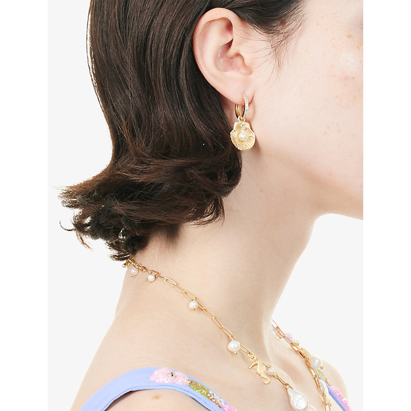 Womens Seashell Pearl Metal Drop Hoop Earrings