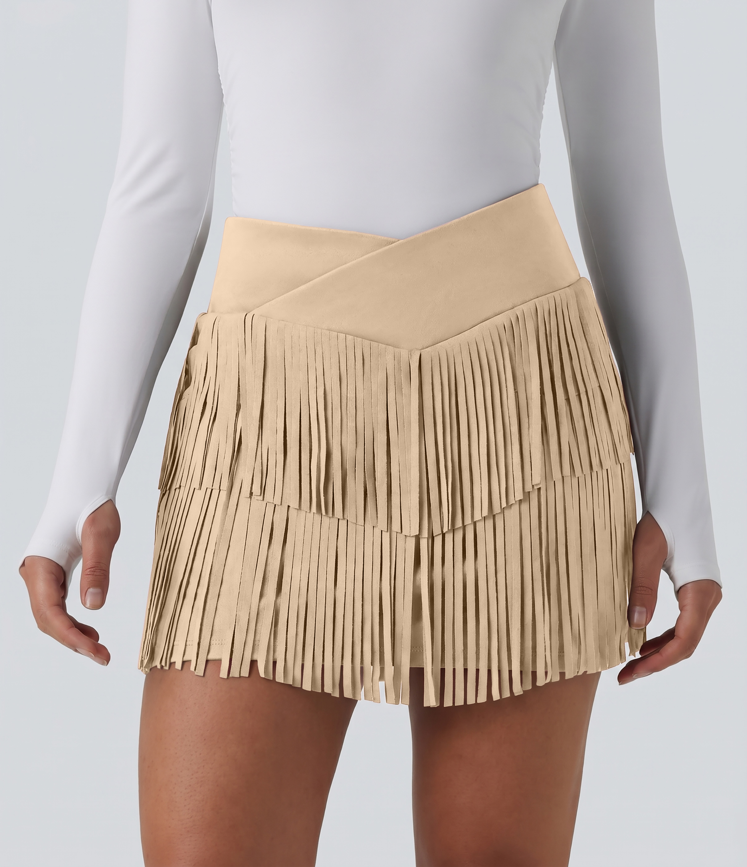 Halara Crossover High Waisted 2-in-1 Fringe Hem Bodycon Mini Suede Party Skirt - Ivory Cream - XLregular