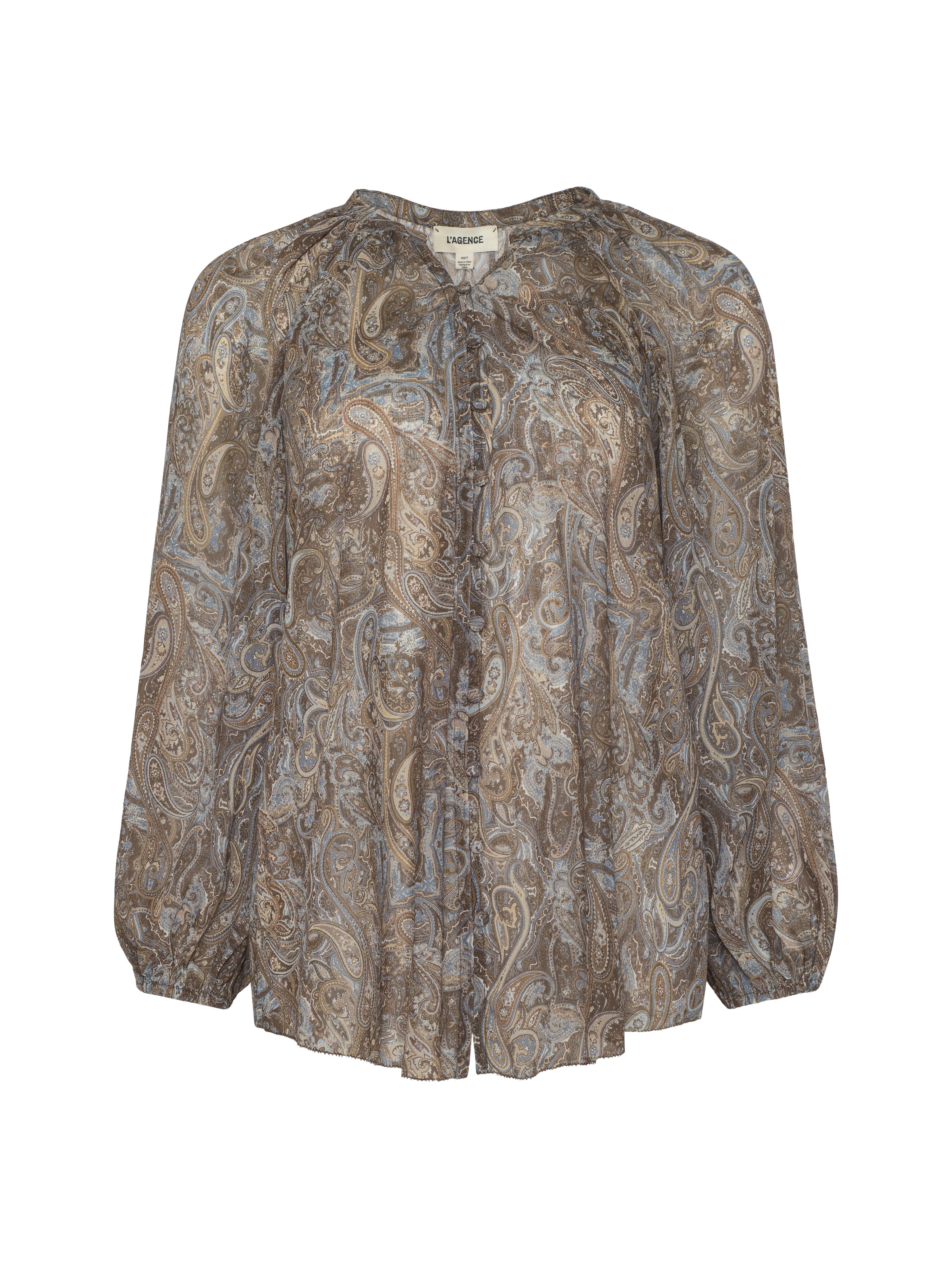 Teagan Blouse Top In Neutral/blue Ditsy Paisley