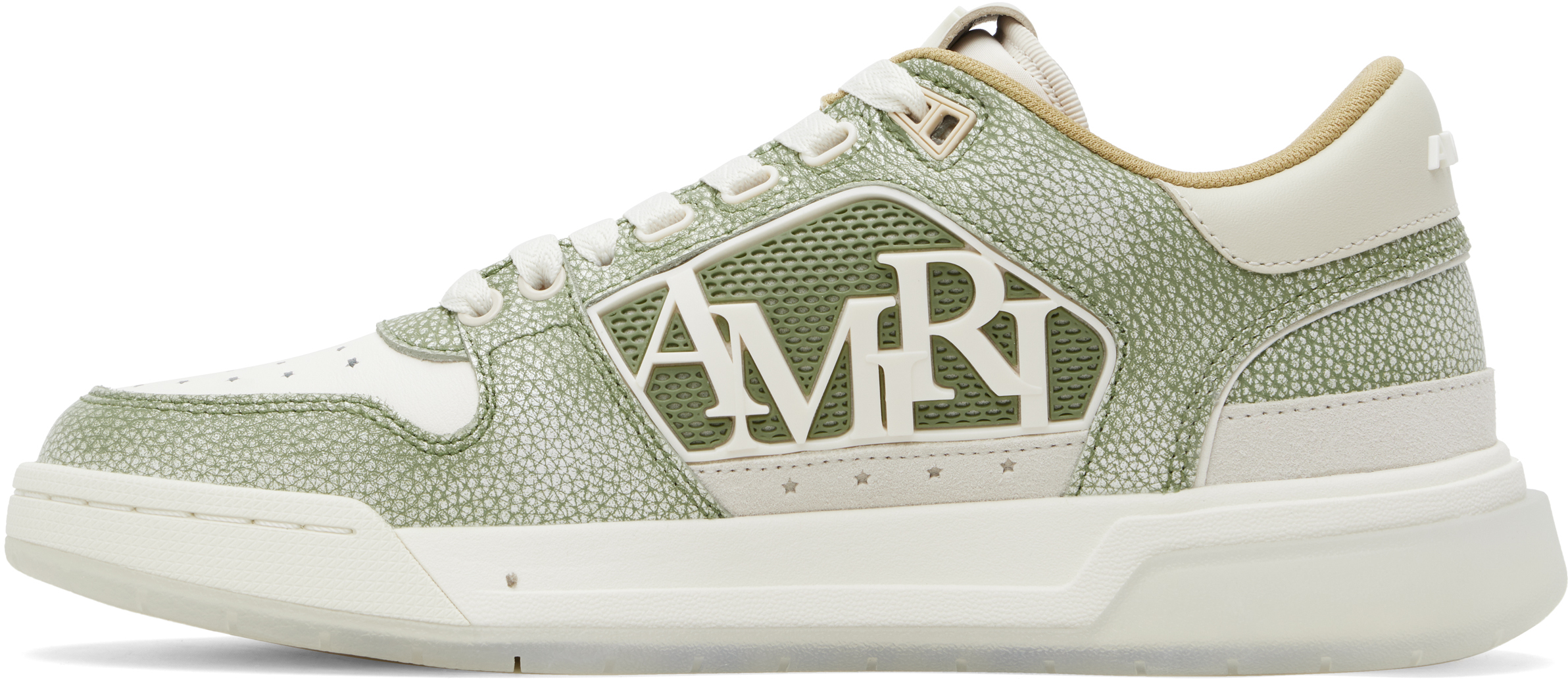 White & Green Pebbled Classic Low Sneakers