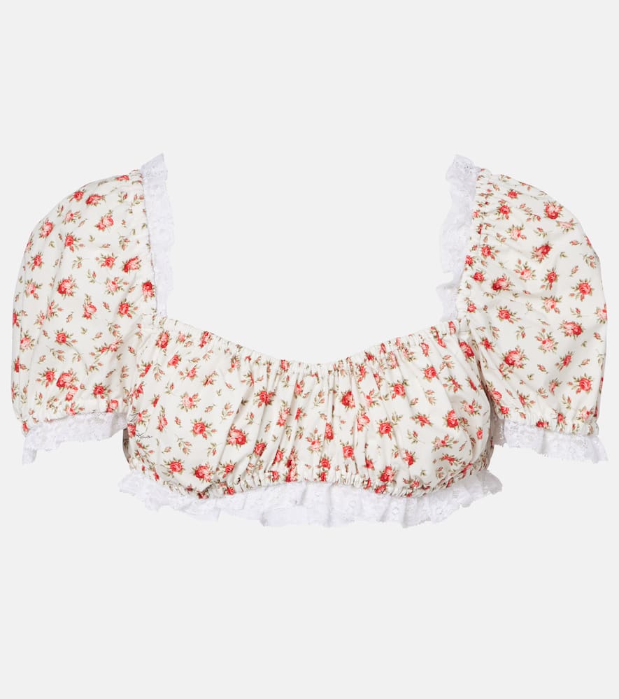 Floral lace-trimmed cotton poplin crop top