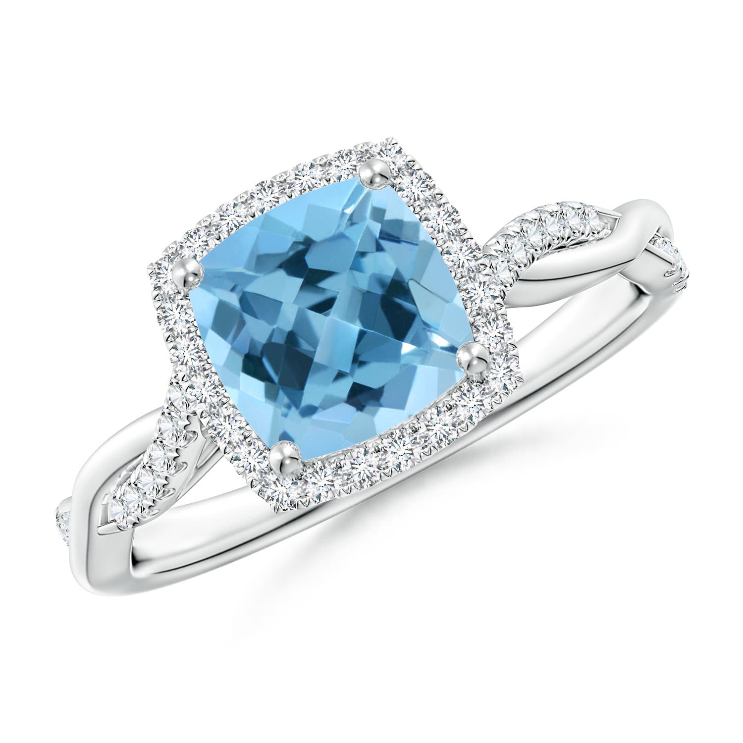 Angara 1.85 Carats Twisted Shank Cushion Swiss Blue Topaz Halo Engagement Ring in Platinum