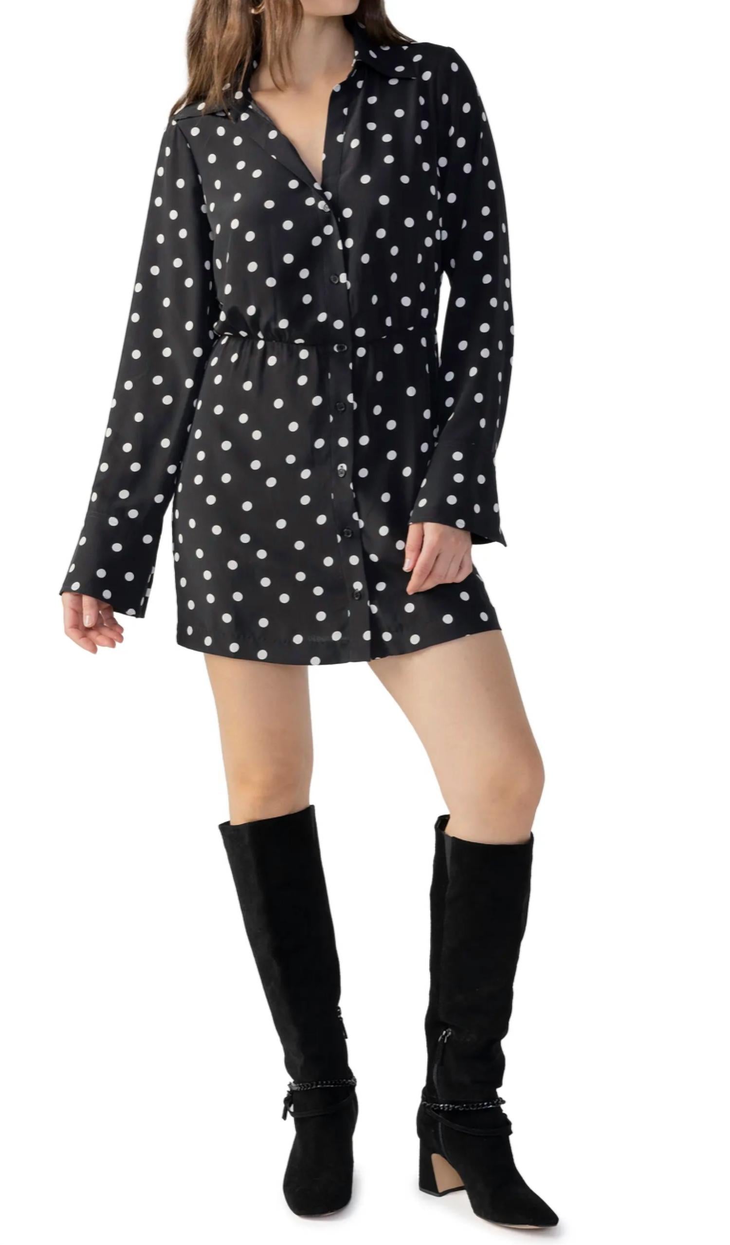 Modern Polka Dot Shirt Dress In Black
