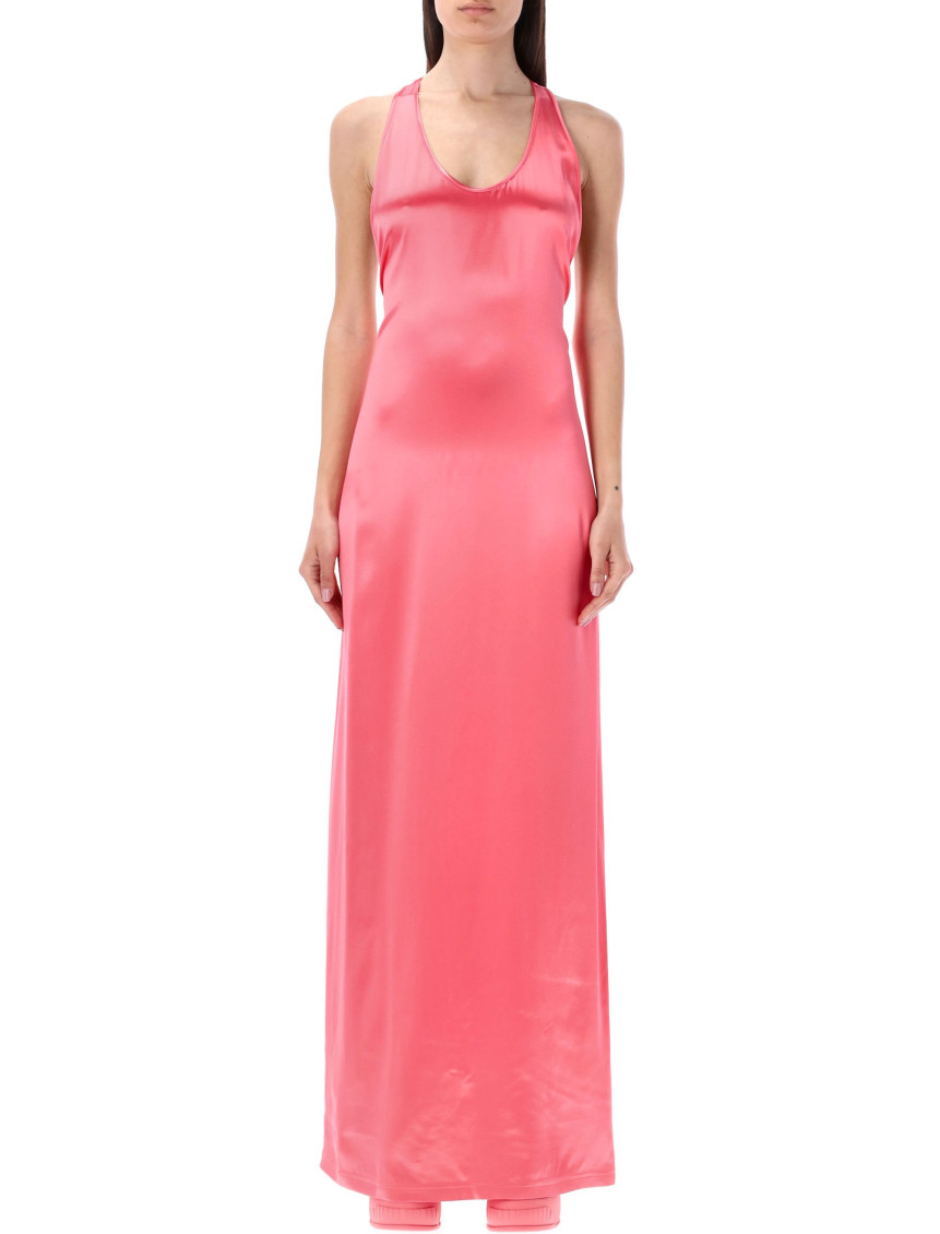 Maxi Pink Dress With Halter Neck Cut In The Back And Logo Ribbons In Viscose Satin Woman