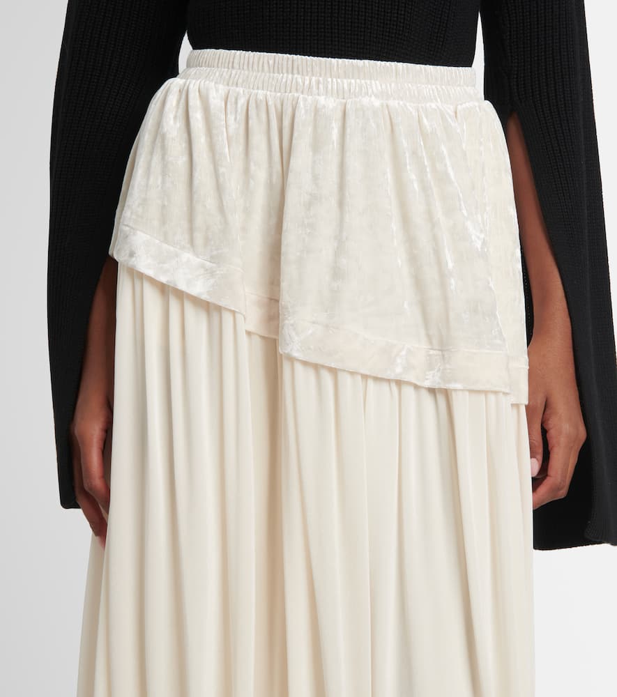 Layered velvet-trimmed midi skirt