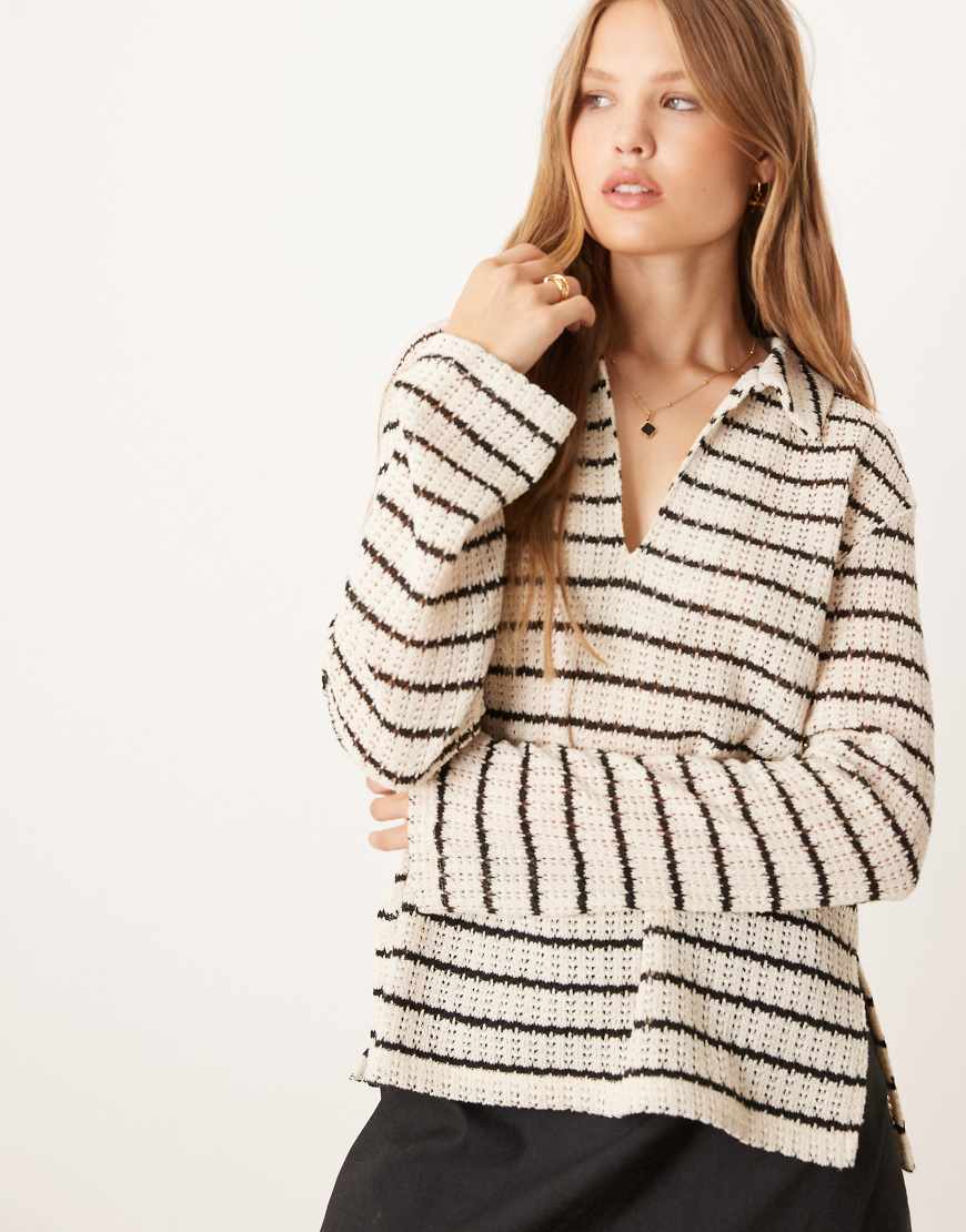 Co-ord long sleeve polo crochet relaxed top in light beige and black stripe-Neutral
