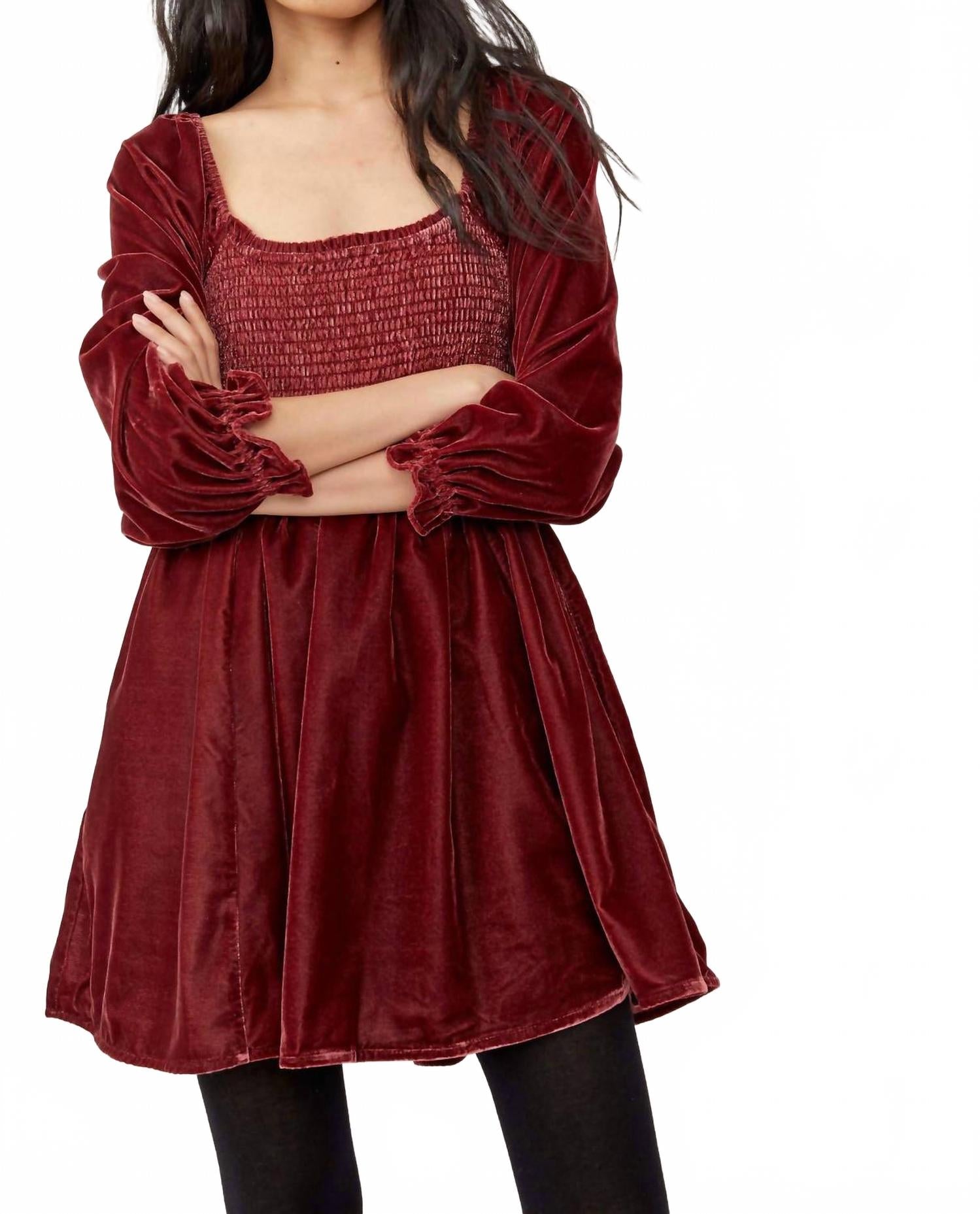 Daphne Velvet Sleeve Mini Dress In Roan Rouge