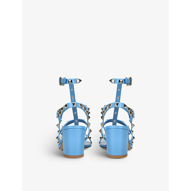 Womens Blue Rockstud Leather Heeled Sandals