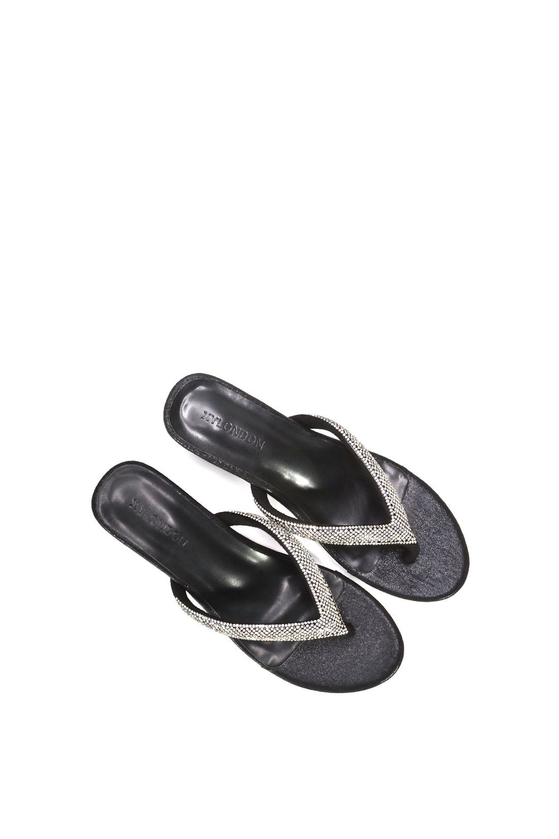 XY London Women's 'Nina' Wedge Heel Sandal Mules w/ Diamante Thong Strap in Black