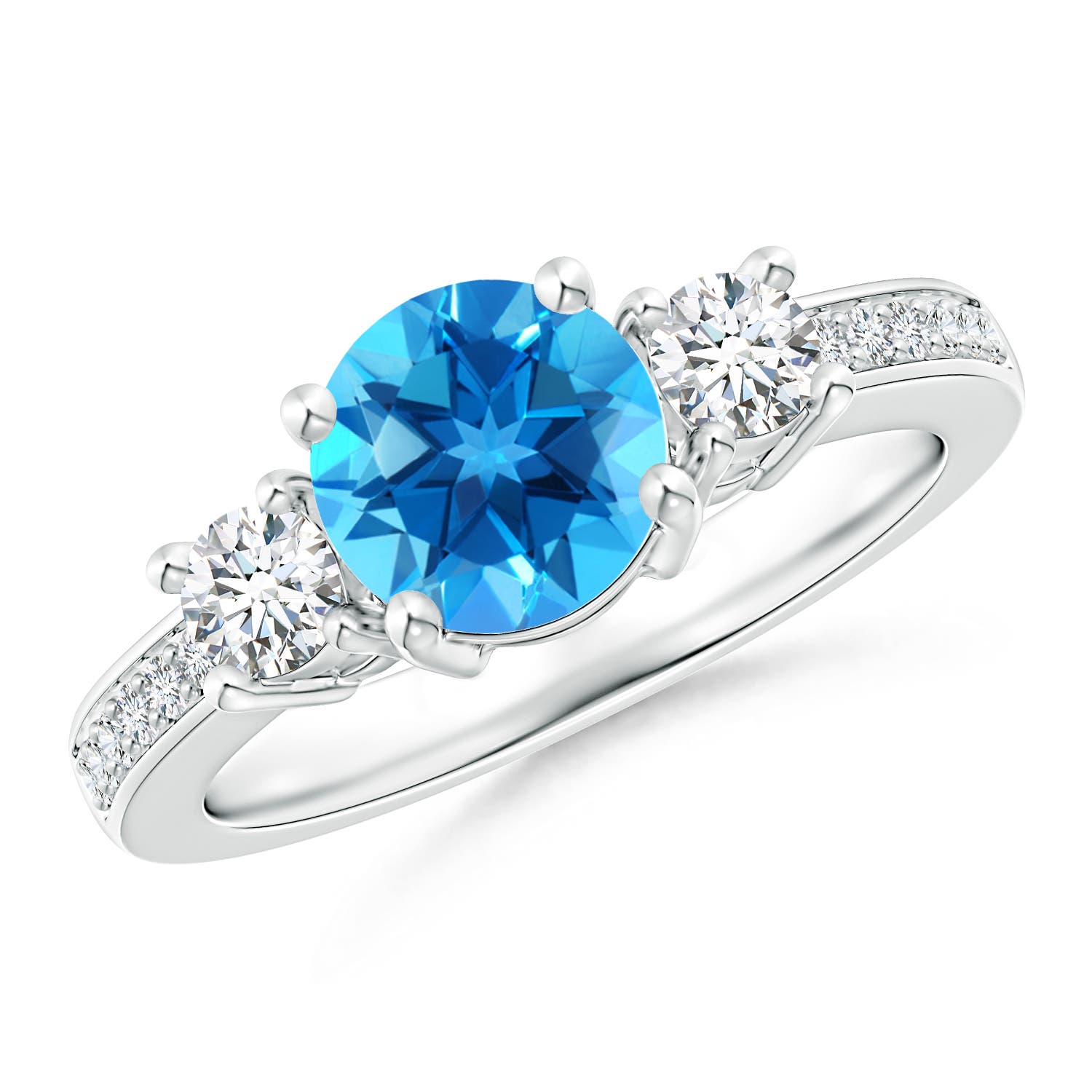 Angara 1.55 Carats Classic Three Stone Round Swiss Blue Topaz and Diamond Engagement Ring in Platinum