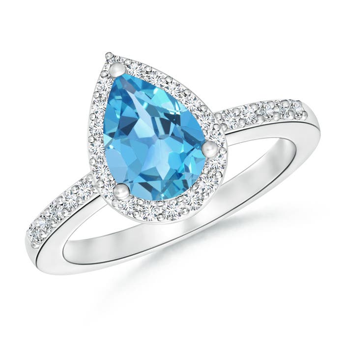 Angara 1.65 Carats Pear Swiss Blue Topaz Ring with Diamond Halo in Platinum