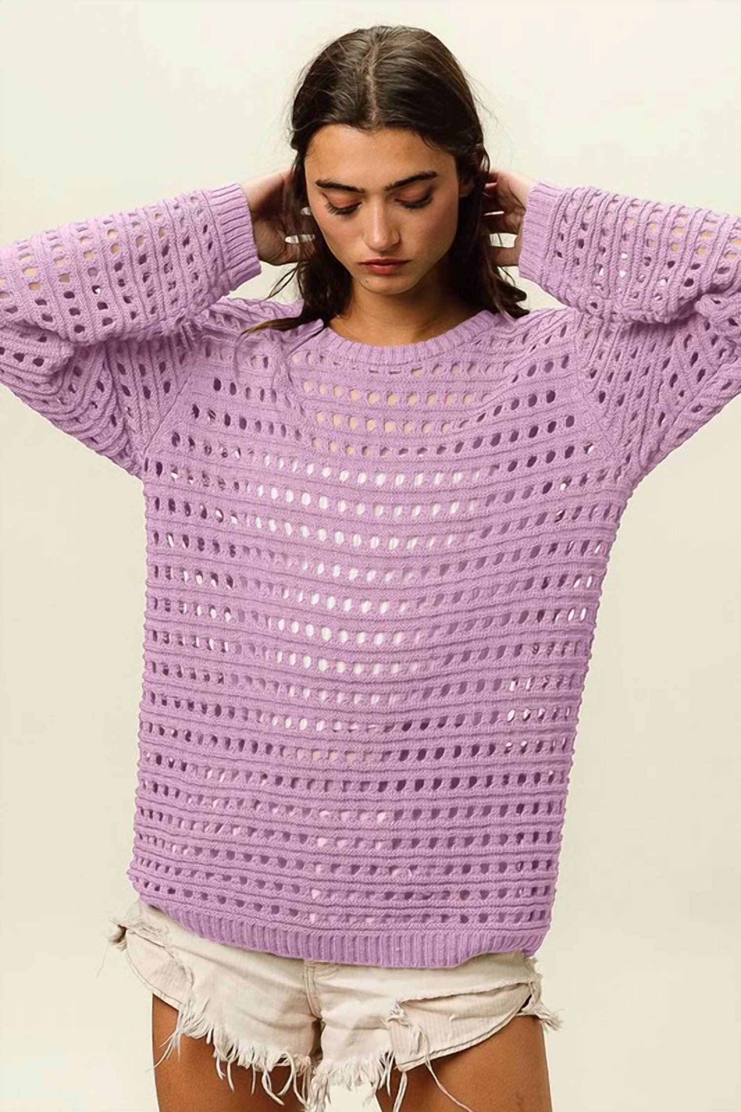 Crew Neck Open Knit Sweater Top In Lavender