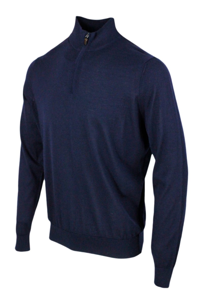 Light Half-Zip Long-Sleeved Sweater In Fine 100% Cashmere And Silk With Special Processing On The Profile Of The Neck