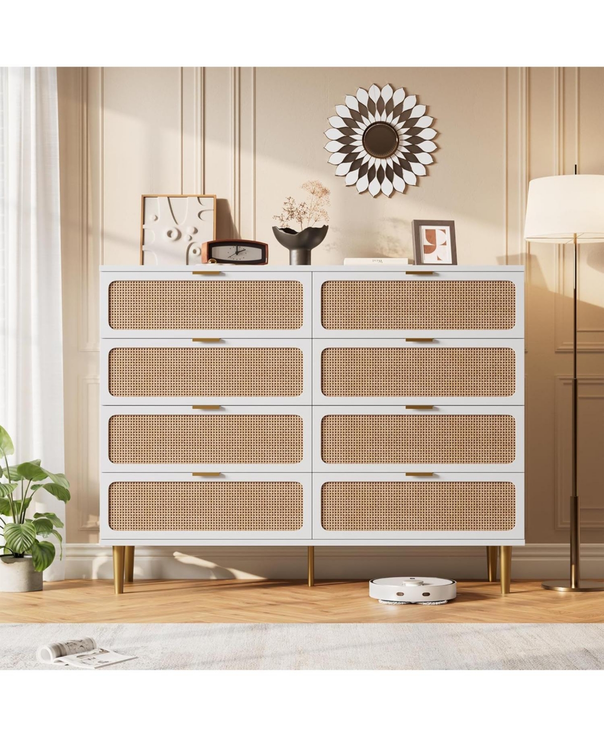 Rattan 8-Drawer Dresser, Tall Modern Closet with Deep Storage for Bedroom - White
