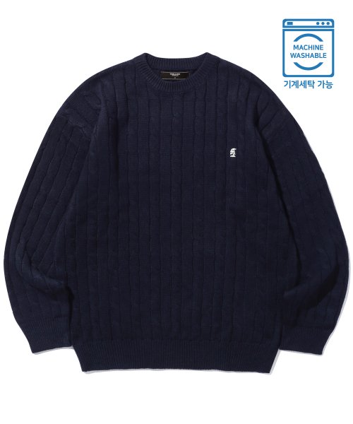 Washable boat embroidery cable crew neck knit