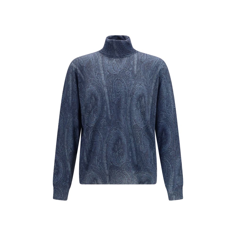 Paisley Cashmere-Silk Turtleneck Sweater — Blue