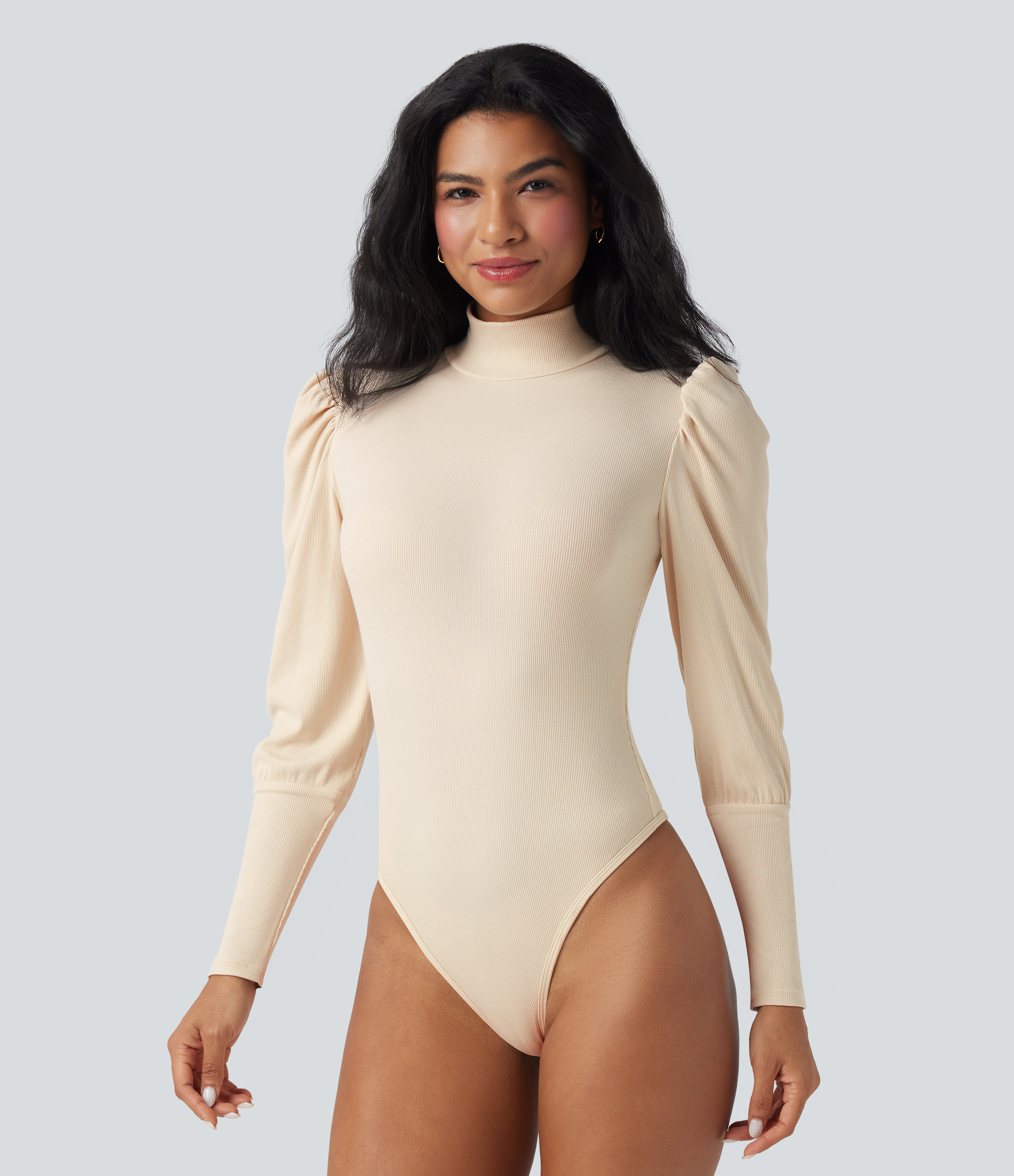 Halara Ribbed Knit High-neck Puff Sleeve Skinny Work Bodysuit - Arctic Wolf