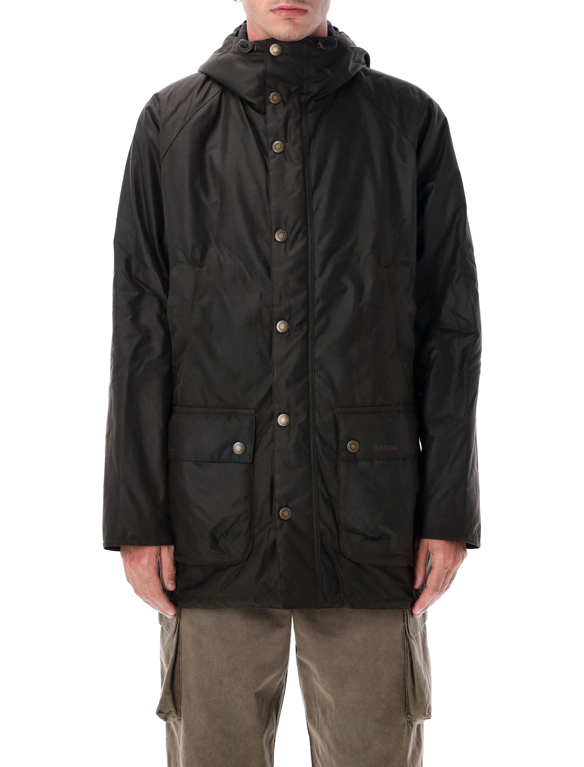 Men's Bedale Waxed Parka Jacket with Fixed Hood, Tartan Lining & Leather Trim