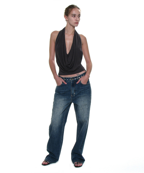 Metal Pointed Waist Jeans_Mid Blue