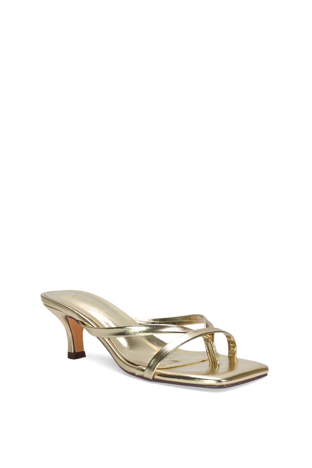 XY London Women's 'Tiana' Kitten Heel Sandal Mules w/ Toe Post in Metallic Gold