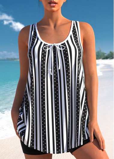 Modlily Bowknot Stripe Print Black Tankini Top