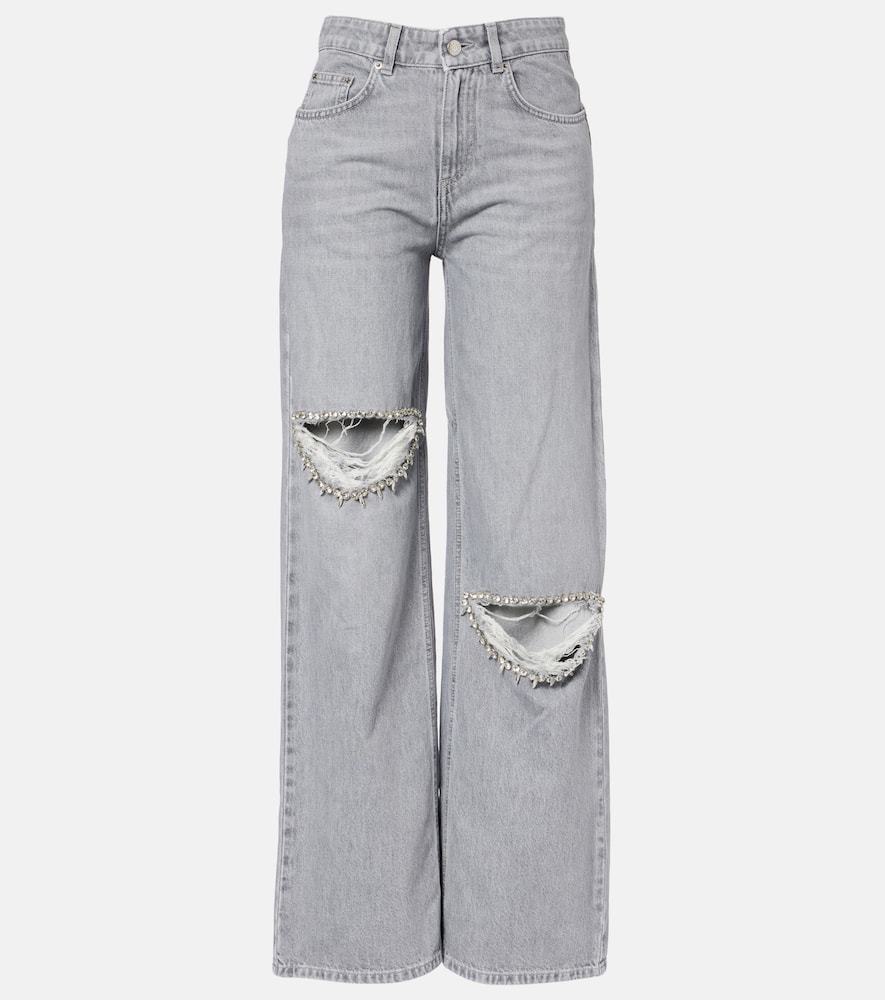 Distressed embellished wide-leg jeans