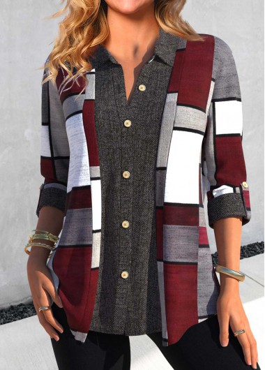Modlily Dark Grey Button Geometric Print Shirt Collar Blouse