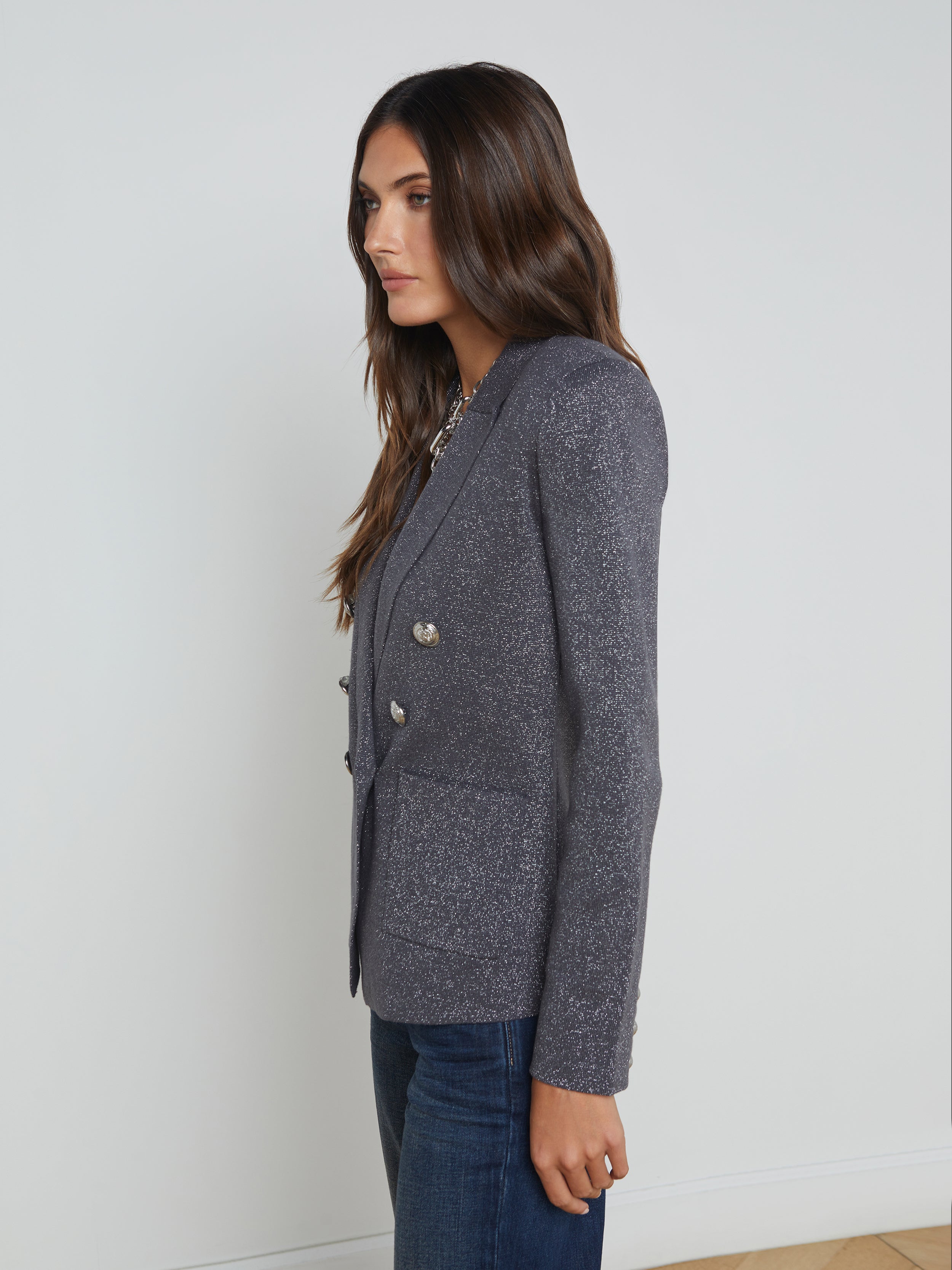 Kenzie Metallic Knit Blazer In Dark Shadow/Silver