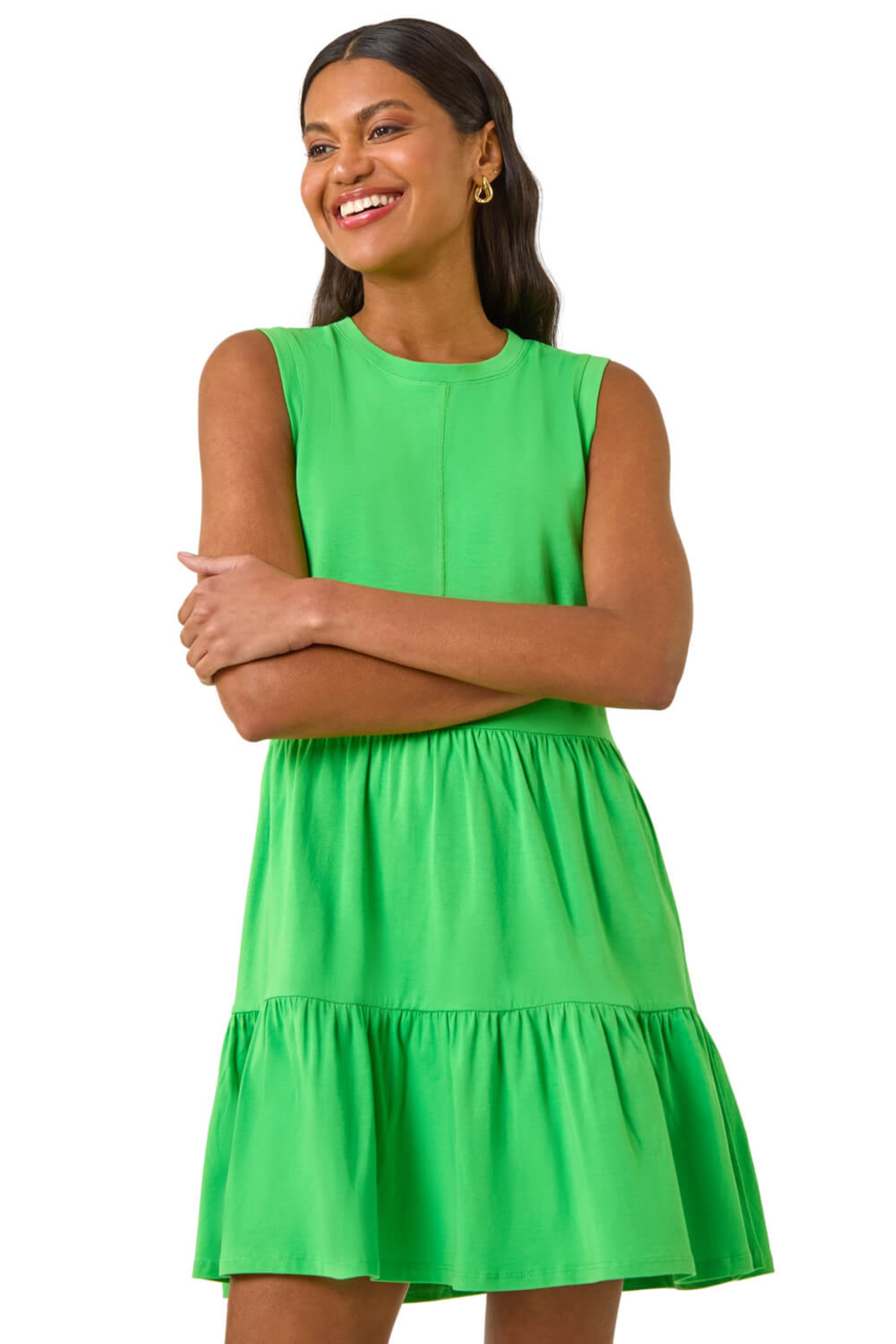 Roman Womens Cotton Tiered Stretch Dress - Green