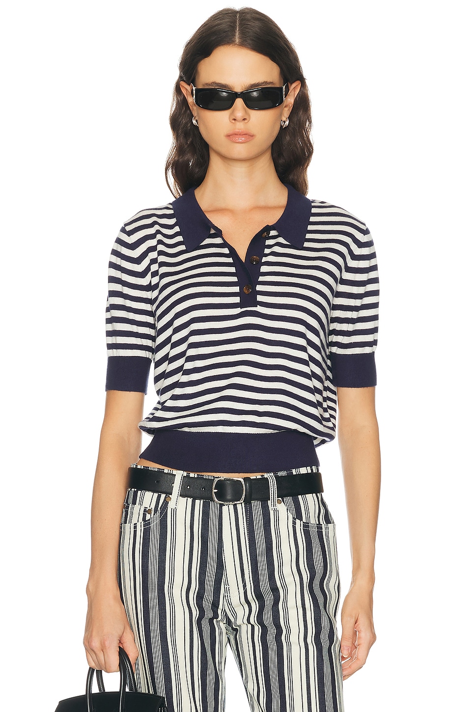 RENGGLI Silk Cashmere Stripe Knit Polo Top in Midnight & Chalk - Navy. S also in