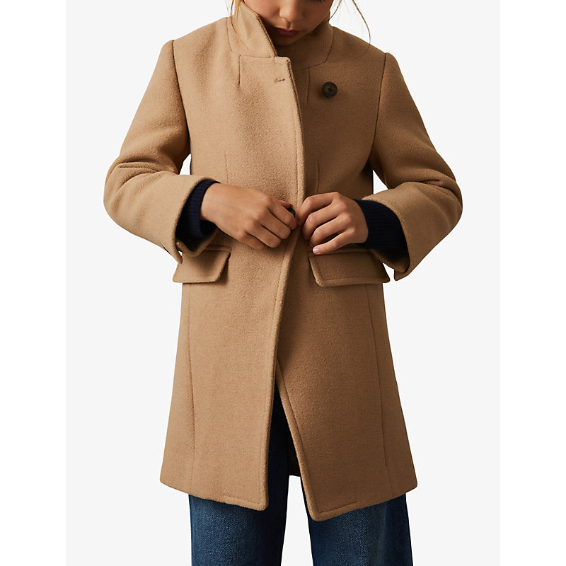 Girls Camel Kids Double-breasted Funnel-neck Wool-blend Coat 