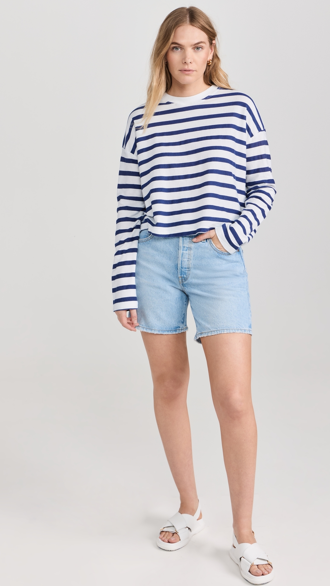 Printed Cropped Long Sleeve Thin Navy Stripe