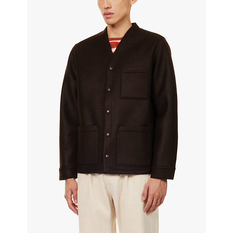 Mens Dark Brown Aurelien Boxy-fit Tonal-embroidery Knitted Jacket